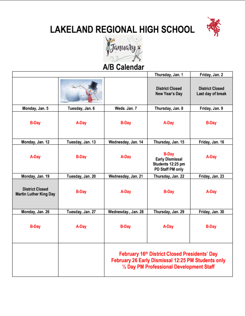 Lakeland January A/B Calendar