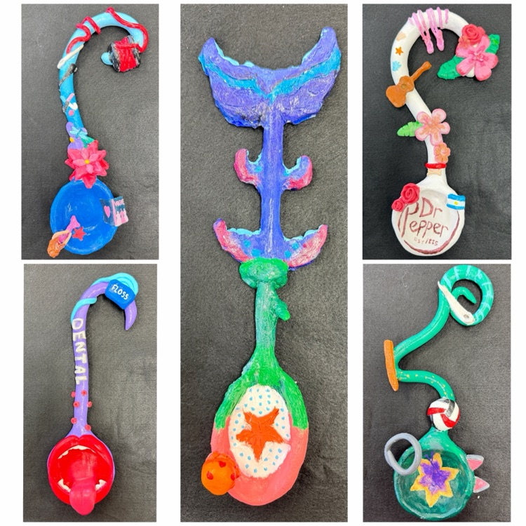 Ceramics 2 Students finished their "Totem Spoon." Each spoon shares a story about the student's personality, background, and culture.