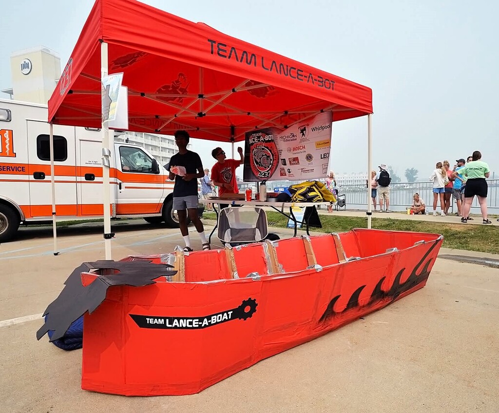 Team LANCE-A-BOT cardboard boat on display.