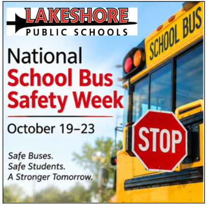 School bus safety isn't just a bus driver's responsibility. It takes all of us. Drivers, please slow down around school buses and be prepared to stop. Students, follow bus safety expectations and listen to your driver. Families, help remind your children about safe choices when waiting for and riding the bus. Together, we can help make sure every student gets to school and home safely each day. ❤️ Thank you for helping keep our Lakeshore students safe!