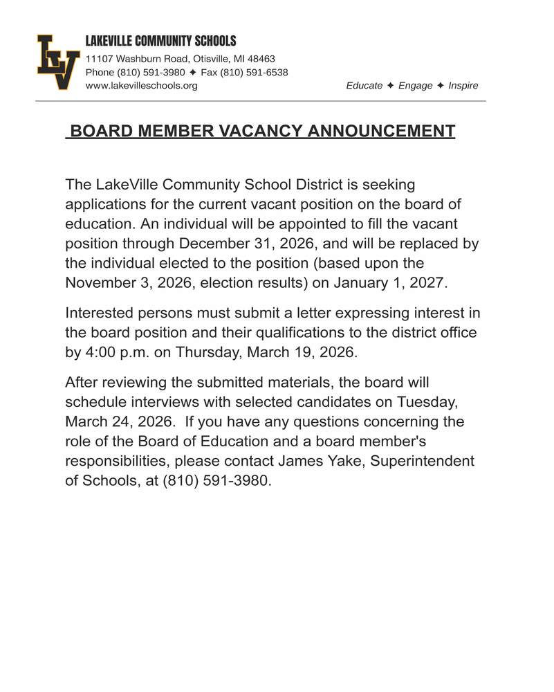  BOARD MEMBER VACANCY ANNOUNCEMENT