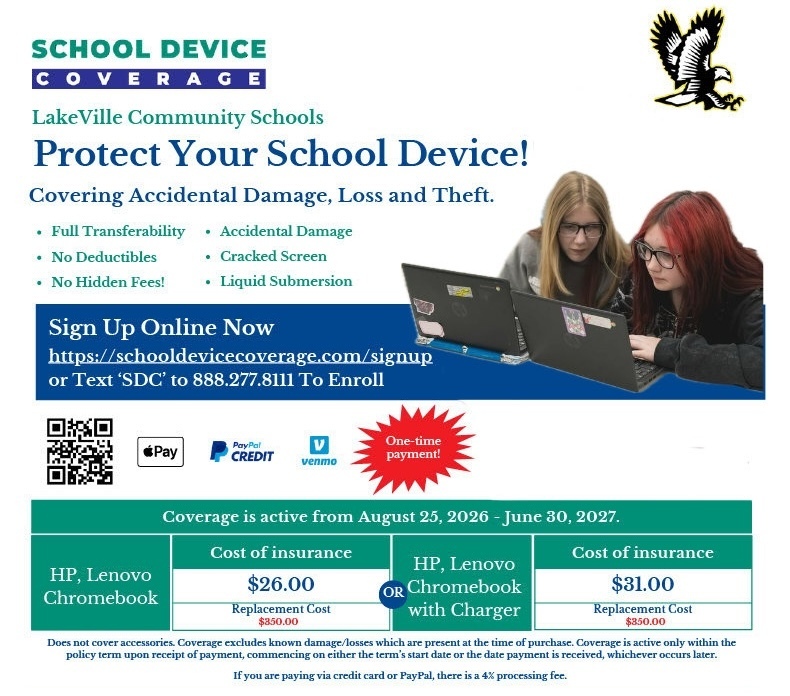 Chromebook Insurance Information for 2026 - High school students only - LakeVille Schools Technology