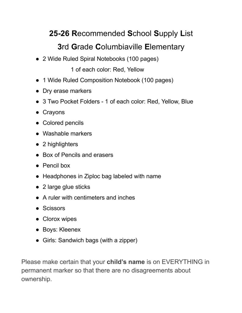 Columbiaville Class Supply List