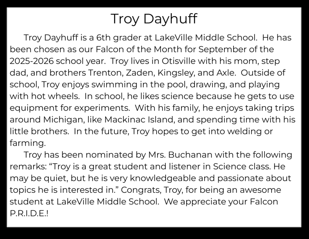 Congratulations to our Middle School Falcons of the Month for September!