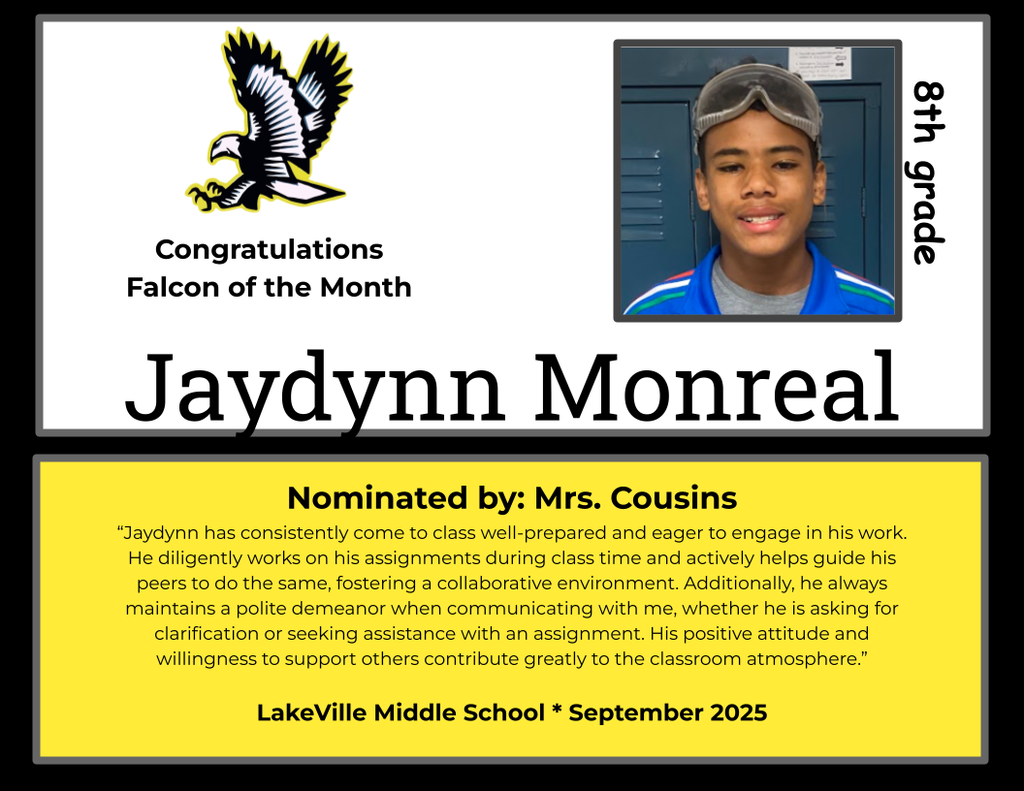Congratulations to our Middle School Falcons of the Month for September!