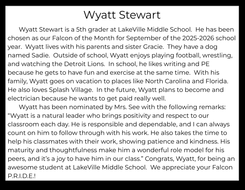 Congratulations to our Middle School Falcons of the Month for September!