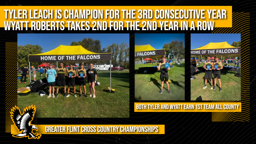 Tyler Leach wins Greater Flint Cross Country Championships for the 3rd year in a row and Wyatt Roberts takes 2nd for the 2nd year in a row!!  Both Tyler and Wyatt earned 1st Team All County!
