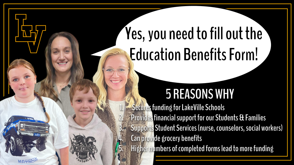 Attention LakeVille Families! New for Michigan schools.: Recent budget legislation requires all districts to collect the education benefit form from every family. Districts that don’t turn in 100% of their forms can lose thousands in school funding. That’s right. Without your form, LakeVille could lose important funding that our students need. You can print the form on our website and complete it. Once you sign it, please turn it in to your child’s school. We need the forms returned as soon as possible! https://aptg.co/nmmFBC