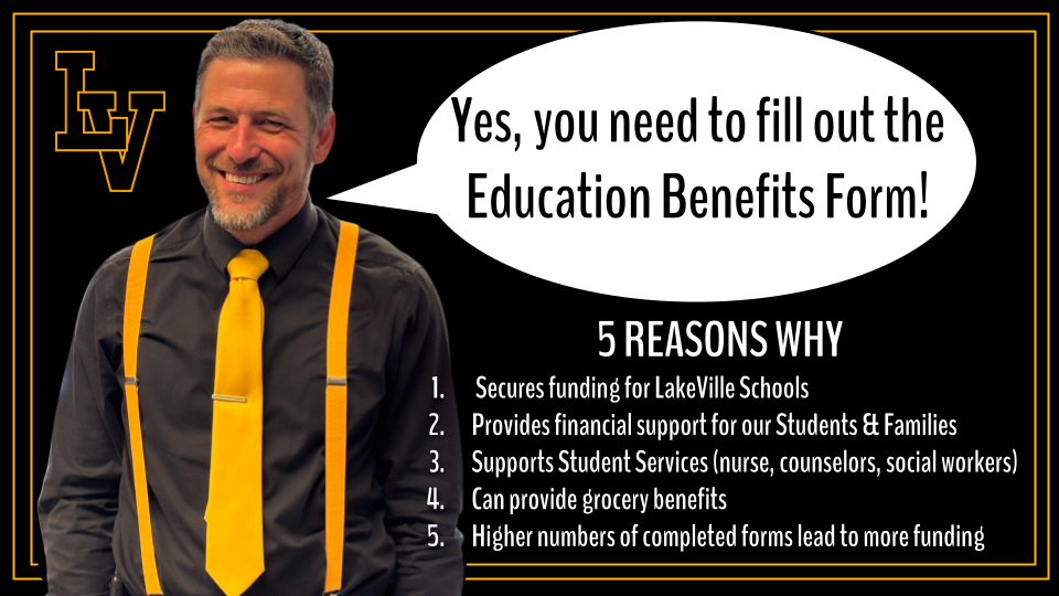 Attention LakeVille Families! New for Michigan schools.: Recent budget legislation requires all districts to collect the education benefit form from every family. Districts that don’t turn in 100% of their forms can lose thousands in school funding. That’s right. Without your form, LakeVille could lose important funding that our students need. You can print the form on our website and complete it. Once you sign it, please turn it in to your child’s school. We need the forms returned as soon as possible! https://aptg.co/nmmFBC