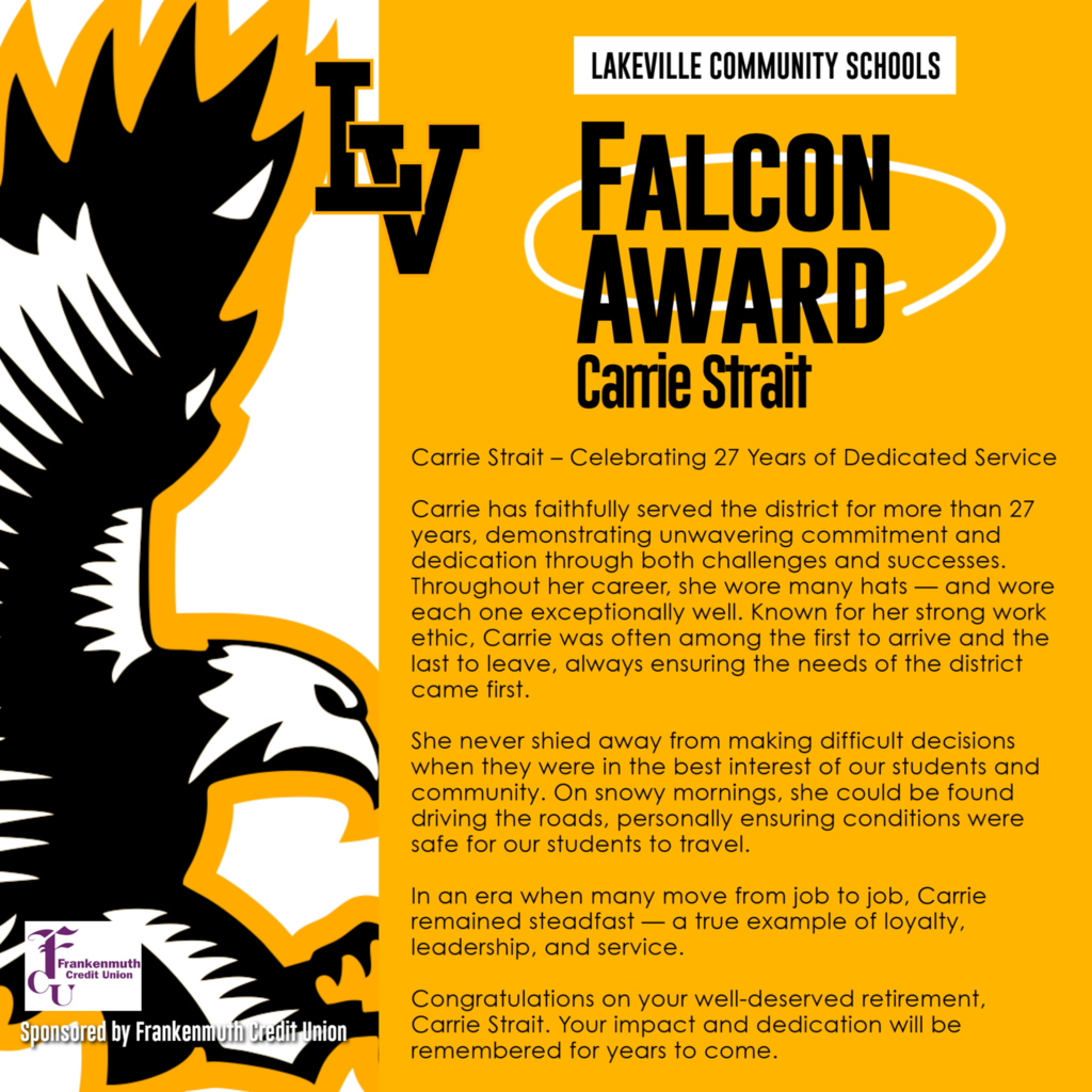 Congratulations to our Falcon of the Month for October, Carrie Strait!