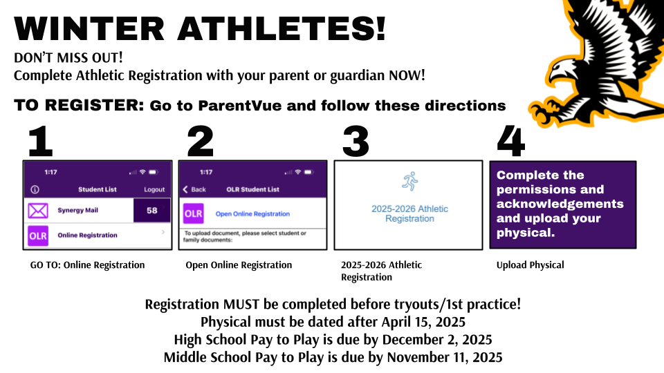 WINTER ATHLETES! Don't miss out on practices or games because your registration is not complete! Get those physicals and register on ParentVue! Parents, if you need help logging in to ParentVue, please contact the building secretary!