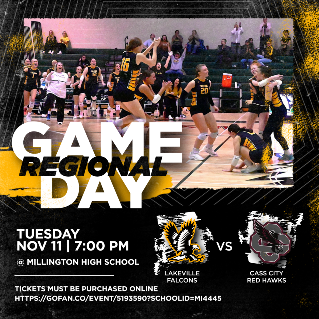 FALCON NATION! Your Lady Falcons Varsity Volleyball Team advances to Regionals!  Come show your support as they take on Cass City Red Hawks Tuesday, 7:00 at Millington High School!  Tickets must be purchased online :  https://gofan.co/event/5193590?schoolId=MI4445