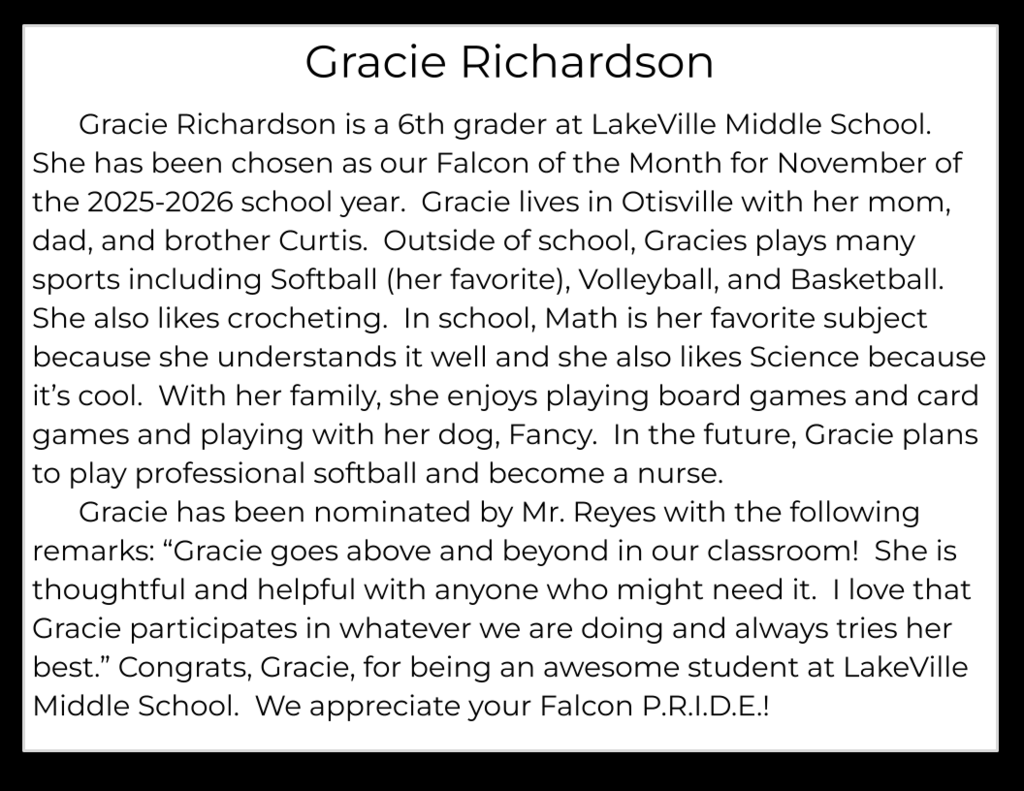 Congratulations to the Middle School Falcons of the month for November!