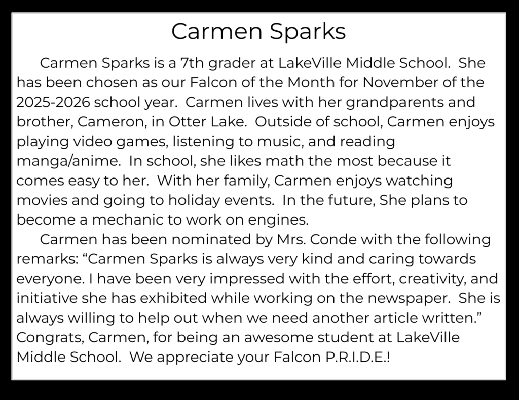 Congratulations to the Middle School Falcons of the month for November!