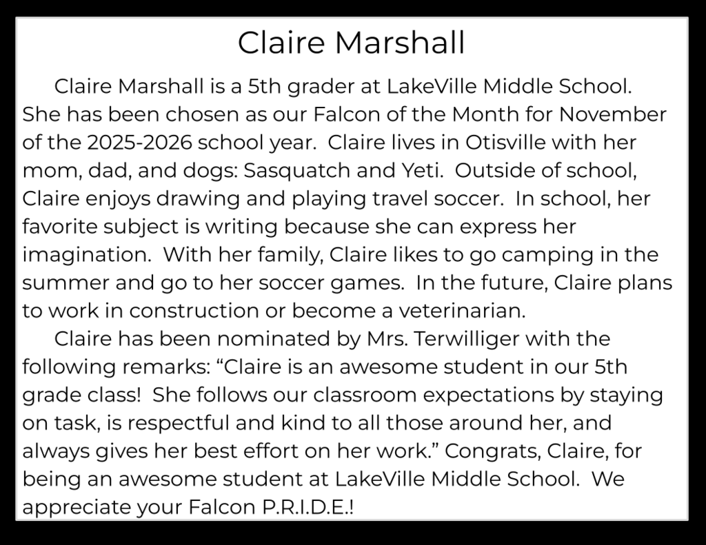 Congratulations to the Middle School Falcons of the month for November!