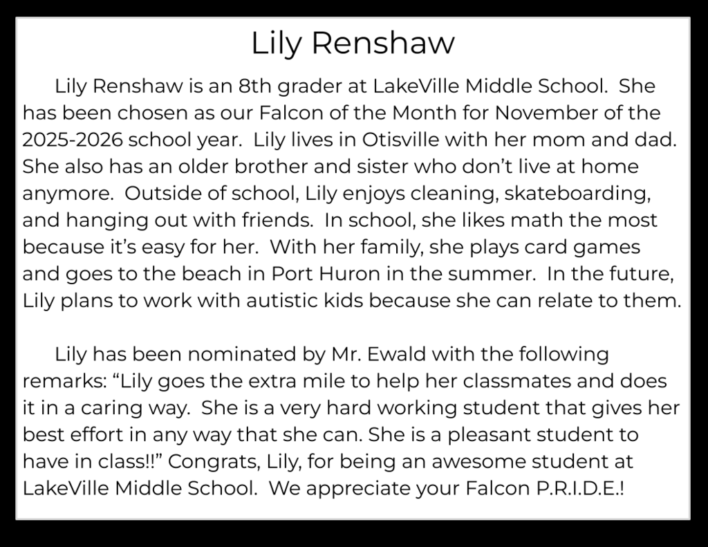 Congratulations to the Middle School Falcons of the month for November!