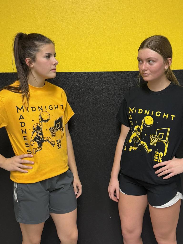 LakeVille Falcons Girls Varsity Basketball's Second Annual MIDNIGHT MADNESS IS TONIGHT!  10:30 PM UNTIL MIDNIGHT! Doors open at 10 so you can get your Midnight Madness Merchandise! Midnight Madness shirts (shown modeled by Mackenzie and Jasmine) available for $10! Hope to see everyone there! Go Falcons!