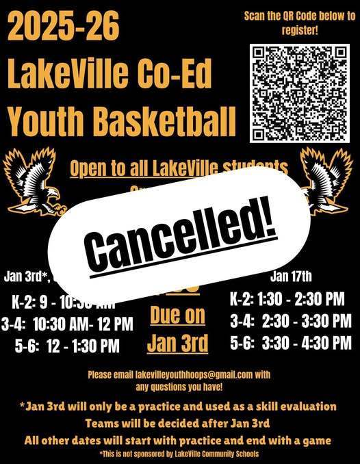 Unfortunately we have not had enough students register to run our youth league this year, and will have to cancel it this winter. We still would like to provide opportunities for LakeVille students to learn the game, so we will be offering youth camps throughout the year! Our first being Saturday, January 24th. This camp will be Co-Ed with K-2nd at 10 am - 12 pm and 3rd-6th will go from 12 - 2 pm.