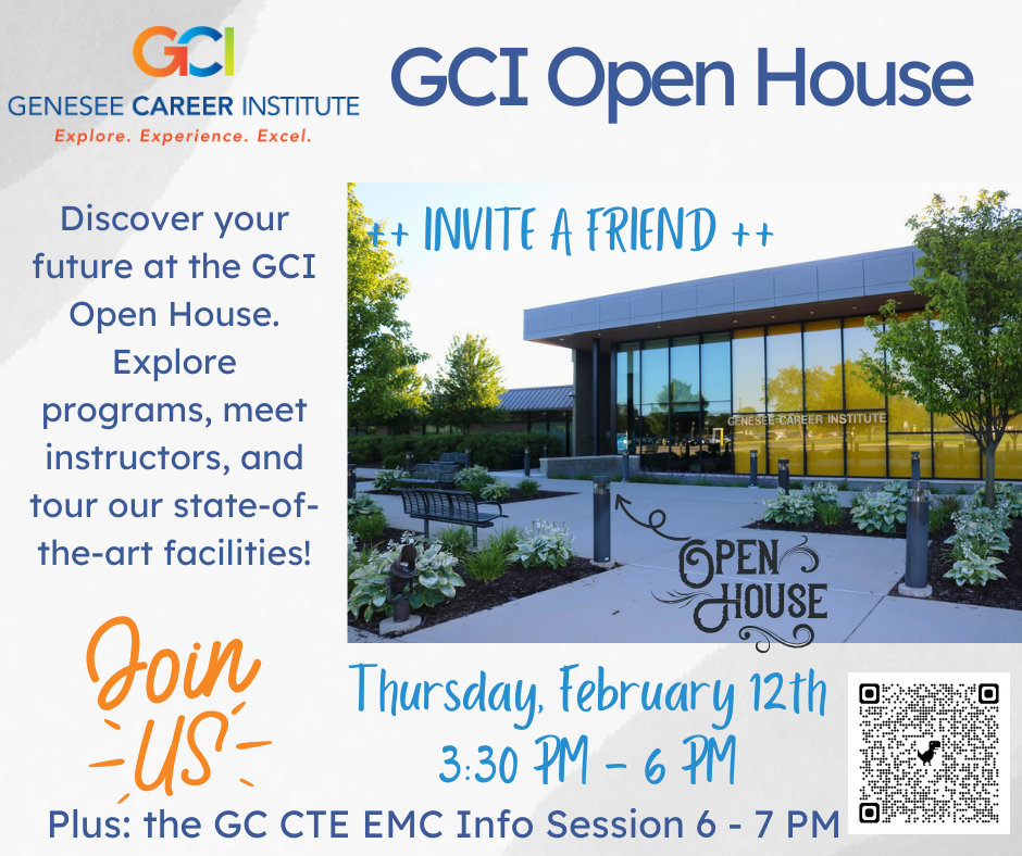 Discover your future at the GCI Open House! February 12th from 3:30 - 6:00 PM. Explore programs, meet instructors, and tour GCI's state-of-the-art facilities!