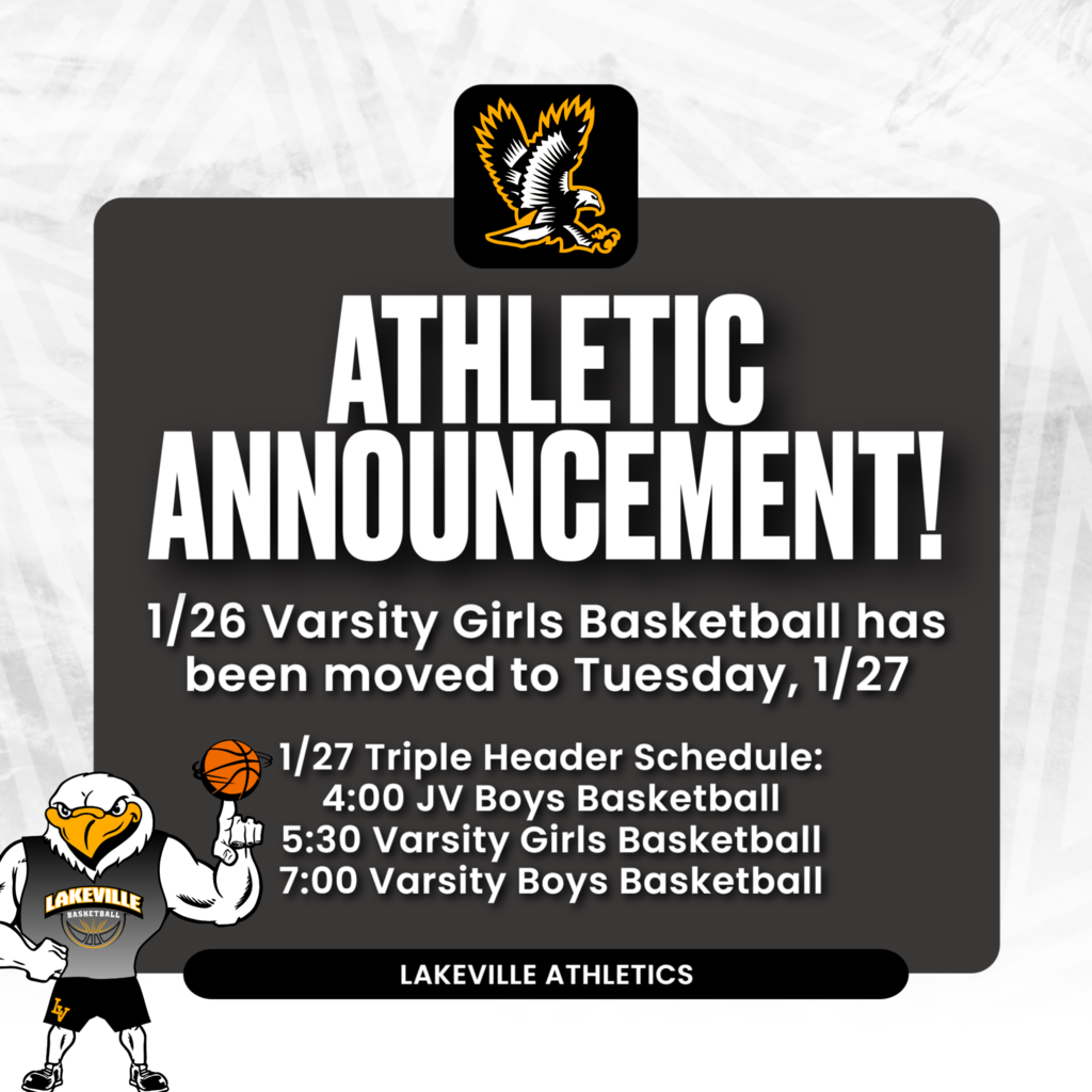 1/26 Varsity Girls Basketball has been moved to Tuesday, 1/27 1/27 Triple Header Schedule: 4:00 JV Boys Basketball 5:30 Varsity Girls Basketball 7:00 Varsity Boys Basketball