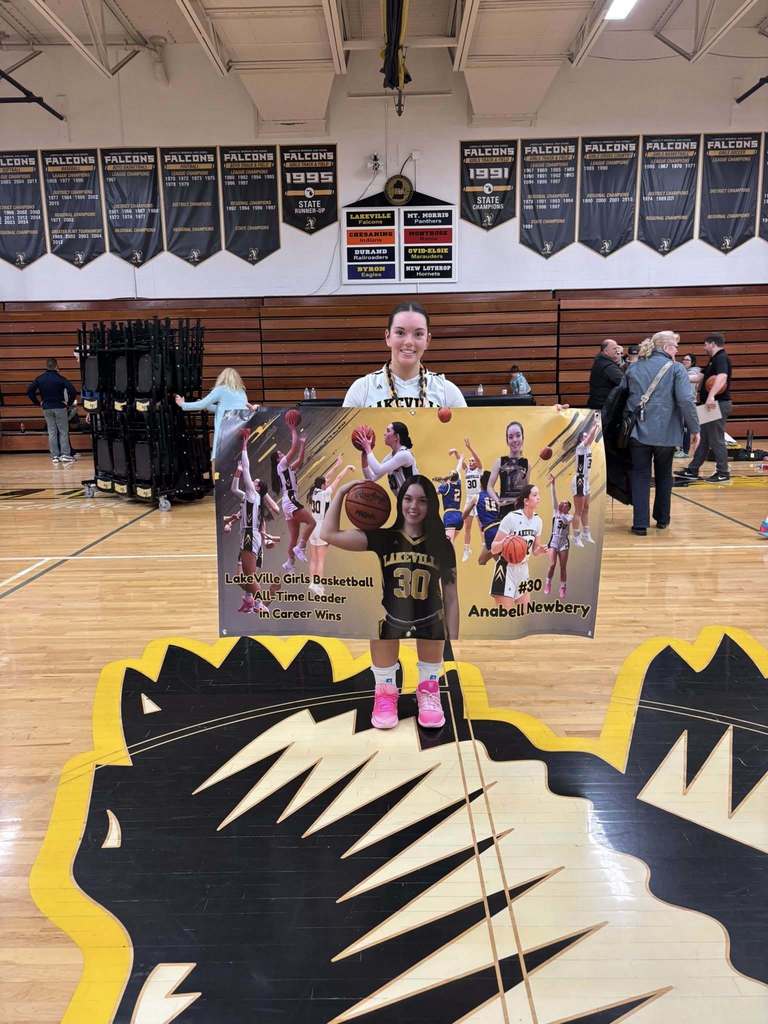Congratulations Anabell Newbery!  With last night’s win, Anabell has become the All-Time Leader for LakeVille Girls Basketball in career wins with 51 and counting!  Varsity Girls Basketball had an exciting win in overtime, and it made for a very special way to cap off this night for a very special player!