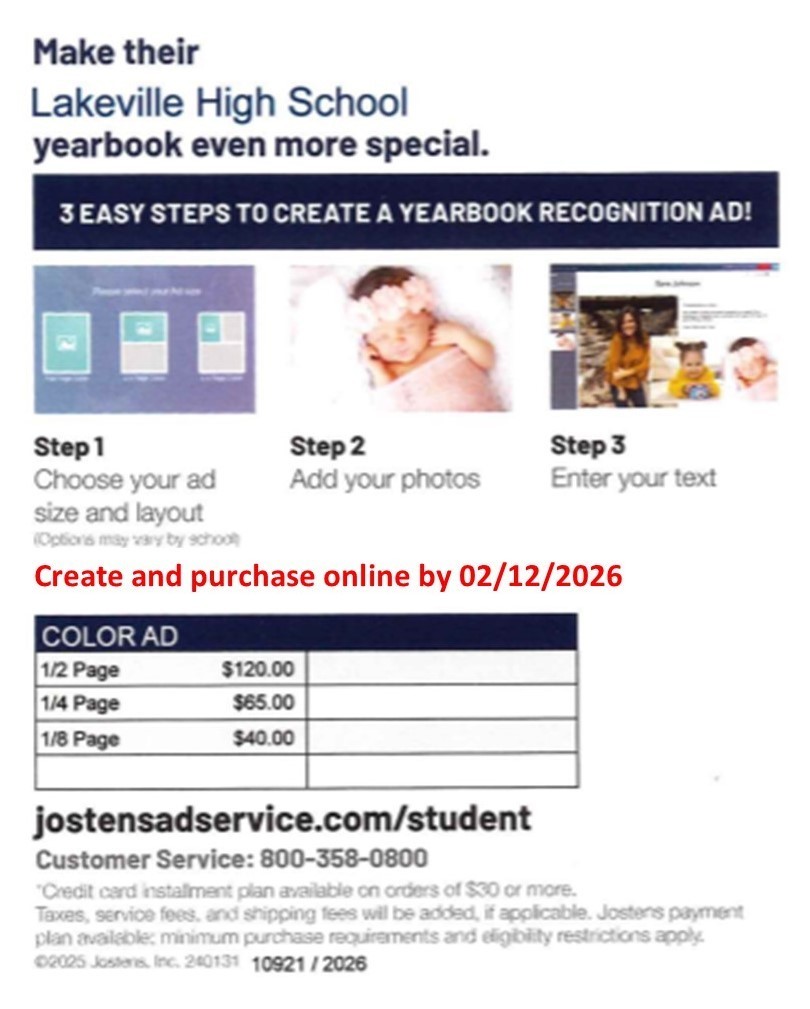 Calling all proud parents of Seniors! Recognize your student's milestones and successes with a yearbook ad! We are running out space and the new deadline to guarantee space for a Recognition Ad is 2/12! Order soon!  jostensadservice.com/student