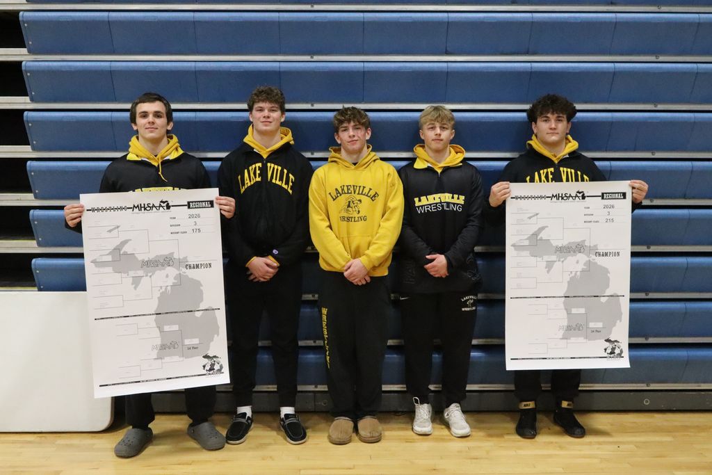 Congratulations to our 5 LakeVille Wrestlers advancing to the State Finals! 1st - Fred Hammond 1st - Jake Hascall 3rd - George Gavan 4th - Gavin Bodnar 4th - Randy Loewen