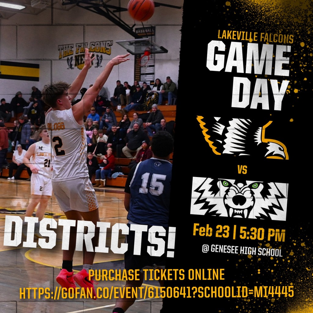 Varsity Boys Basketball DISTRICTS TONIGHT! @ Genesee High School 5:30 PM Tickets must be purchased online: https://gofan.co/event/6150641?schoolId=MI4445