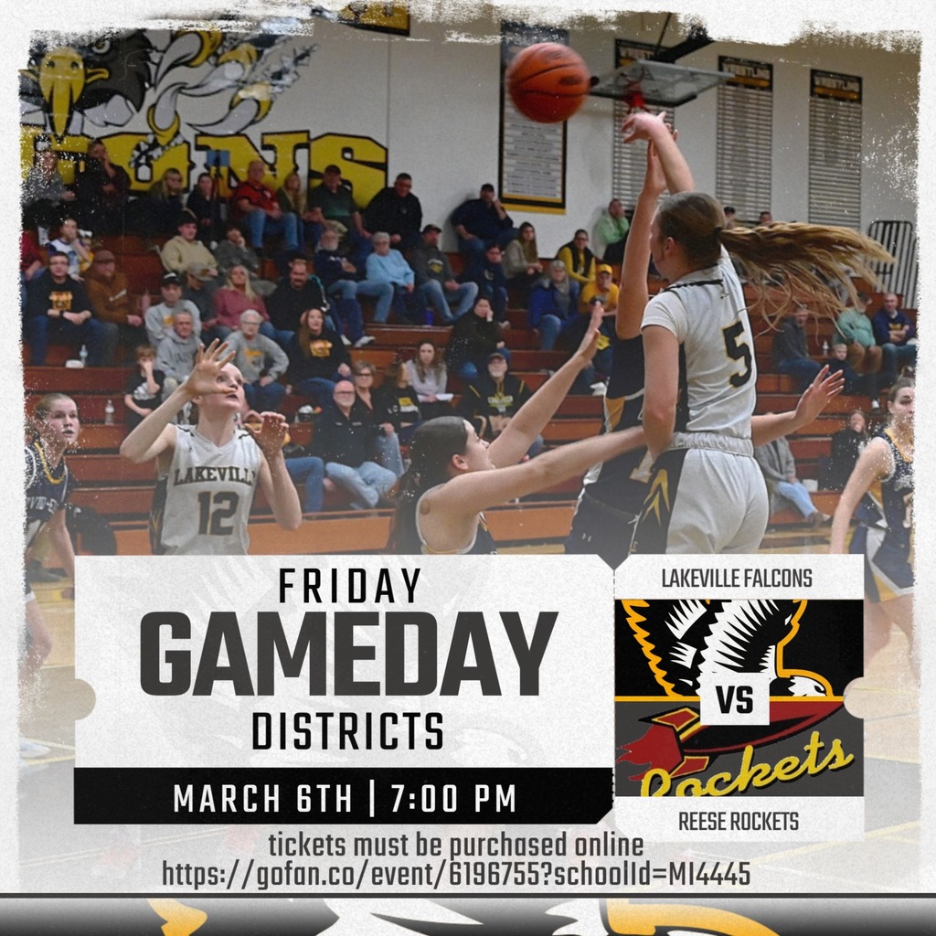 LakeVille defeats Millington 50-38 and advances to the District Finals Friday, March 6th at 7:00 pm.  Game is HOME!  Let's FILL THE VILLE!! Tickets must be purchased online https://gofan.co/event/6196755?schoolId=MI4445