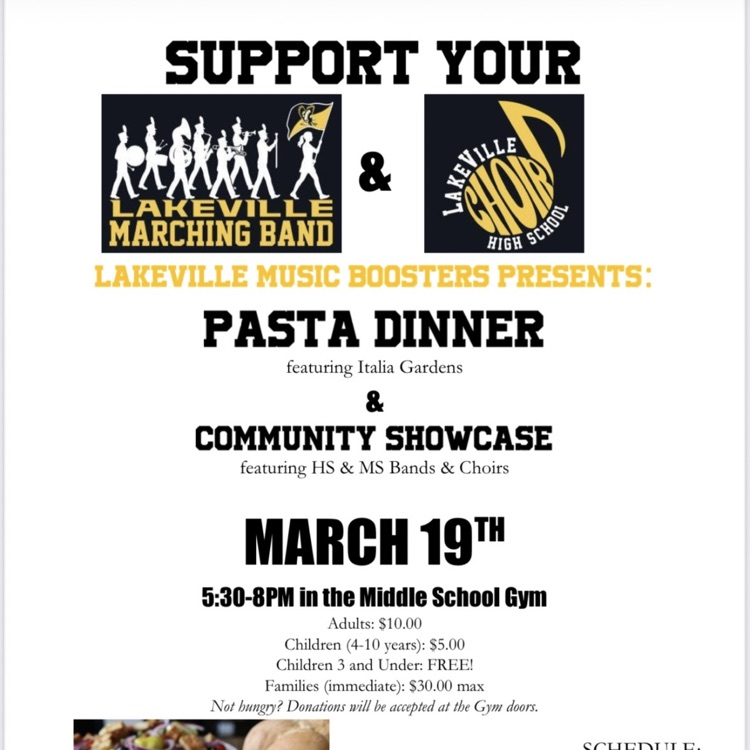 Support the Music Department by attending the Pasta Dinner and Showcase on March 19th 5:30-8:00.