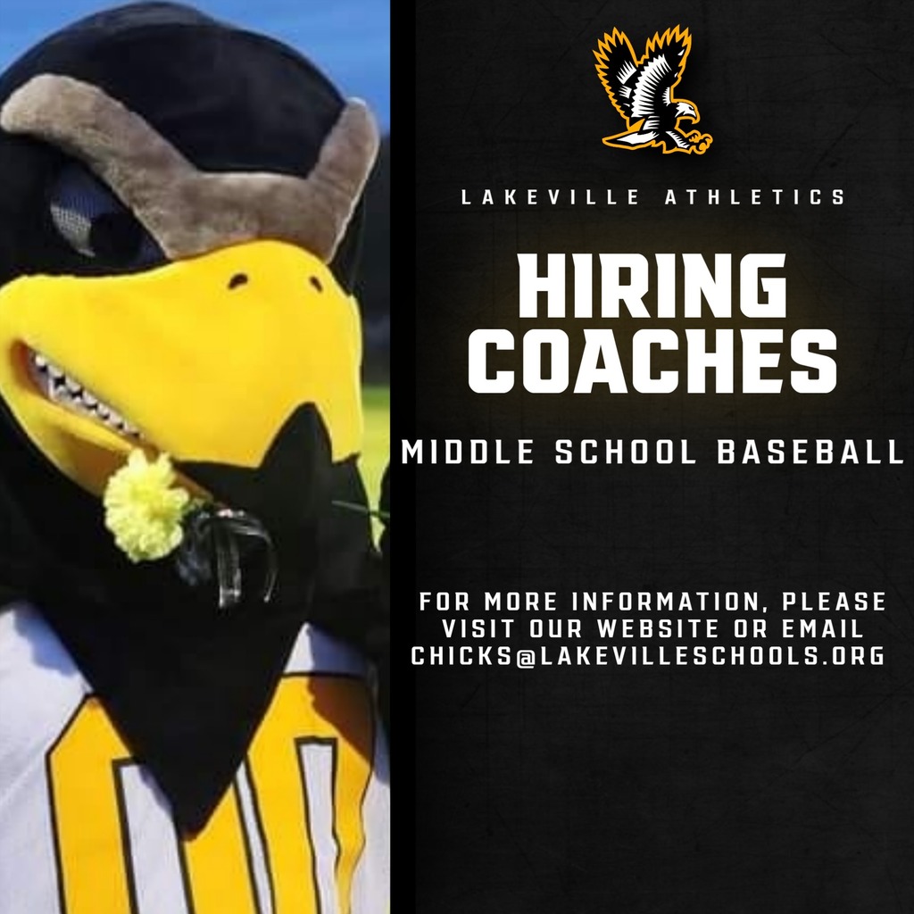 LakeVille Athletics are HIRING! The position is Middle School Baseball Coach FOR MORE INFORMATION, PLEASE VISIT https://jobs.redroverk12.com/org/1343/opening/159393 OR EMAIL CHICKS@LAKEVILLESCHOOLS.ORG