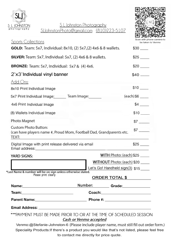 SL Johnston Photography Order Form