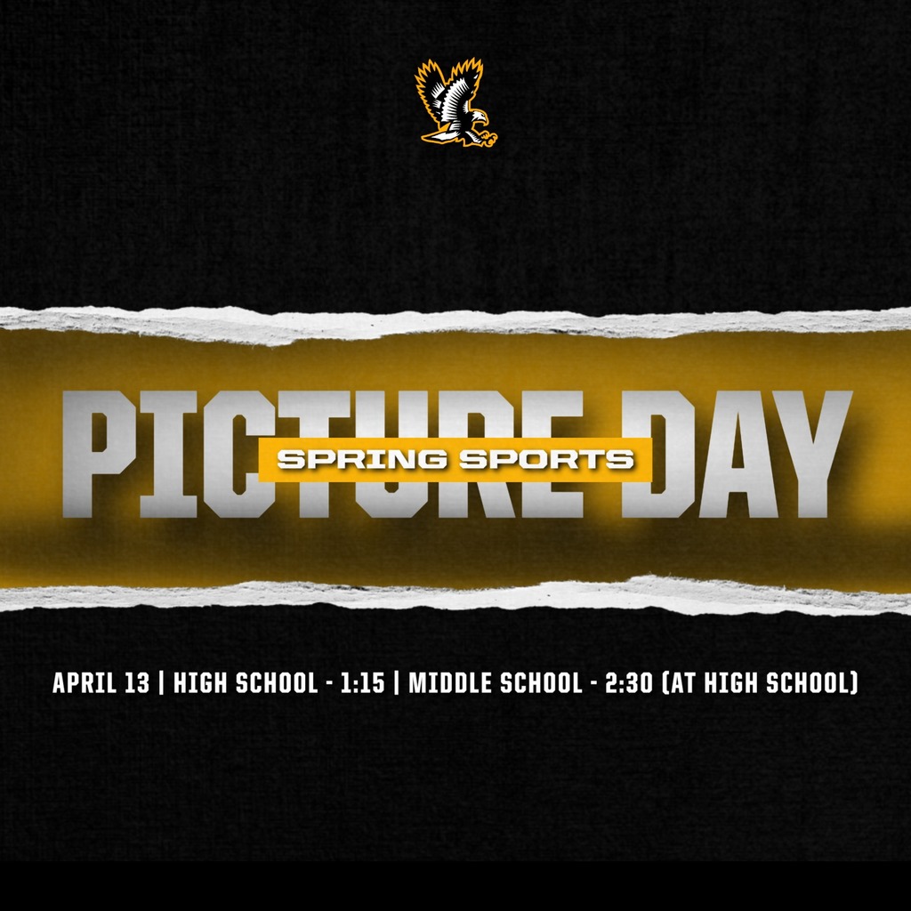 REMINDER!  Spring sports photos are Monday, April 13th at the High School.  High School athletes will begin at 1:15 and Middle Schoolers will come to the high school for pictures at 2:30.