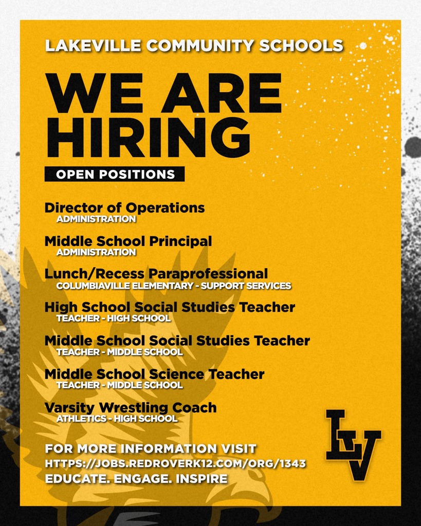 LakeVille Schools are hiring! https://jobs.redroverk12.com/org/1343