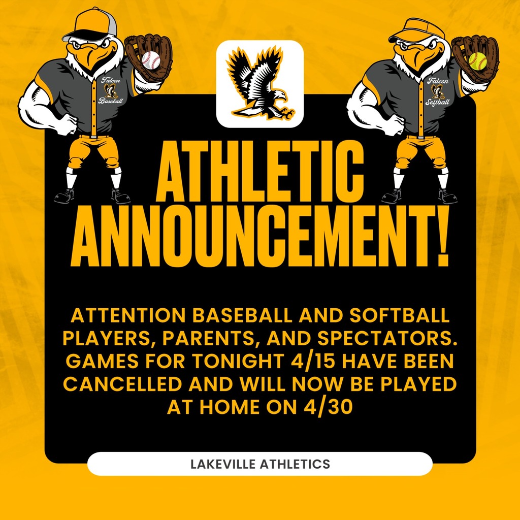 ATTENTION BASEBALL AND SOFTBALL PLAYERS, PARENTS, AND SPECTATORS. GAMES FOR TONIGHT 4/15 HAVE BEEN CANCELLED AND WILL NOW BE PLAYED AT HOME ON 4/30.