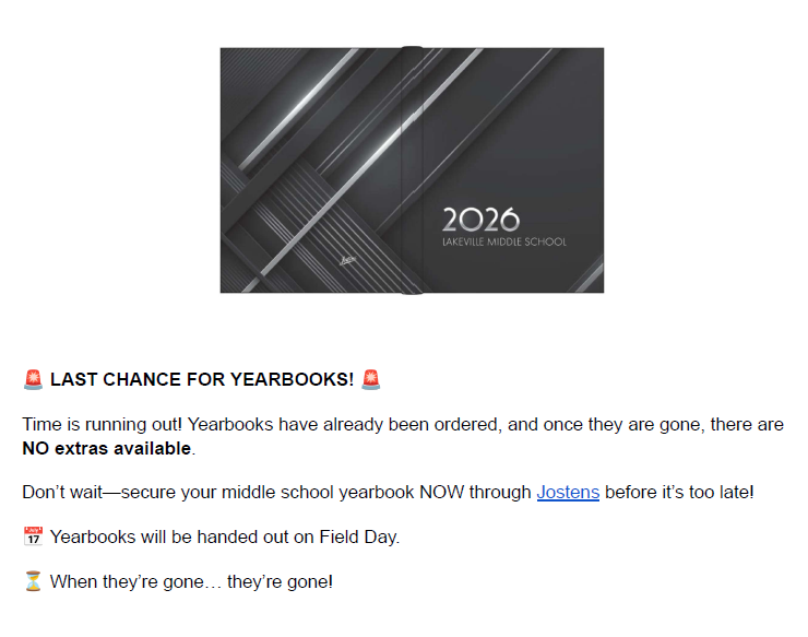 Last chance to order middle school yearbooks!