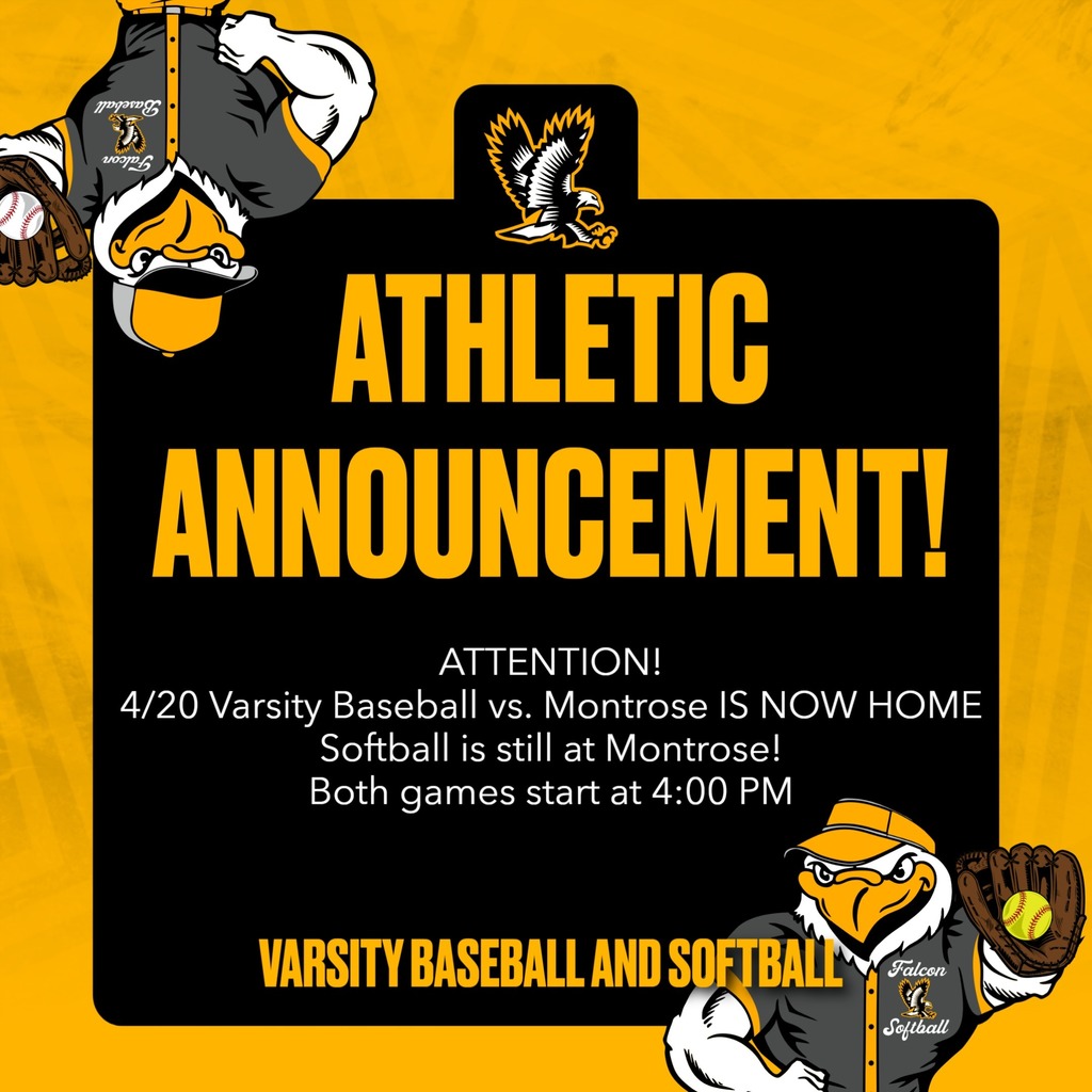 Attention Baseball Players, Parents, and Spectators!  For tonight's (4/20) game against Montrose - BASEBALL ONLY is now at HOME.  4:00 start.  Softball is still at Montrose.