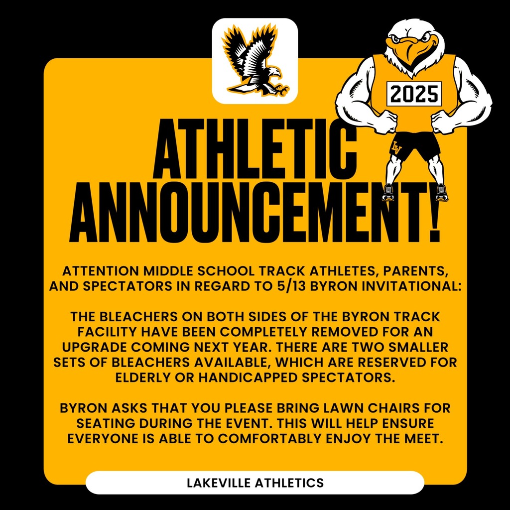 ATTENTION MIDDLE SCHOOL TRACK ATHLETES, PARENTS, AND SPECTATORS IN REGARD TO 5/13 BYRON INVITATIONAL:  THE BLEACHERS ON BOTH SIDES OF THE BYRON TRACK FACILITY HAVE BEEN COMPLETELY REMOVED FOR AN UPGRADE COMING NEXT YEAR. THERE ARE TWO SMALLER SETS OF BLEACHERS AVAILABLE, WHICH ARE RESERVED FOR ELDERLY OR HANDICAPPED SPECTATORS.  BYRON ASKS THAT YOU PLEASE BRING LAWN CHAIRS FOR SEATING DURING THE EVENT. THIS WILL HELP ENSURE EVERYONE IS ABLE TO COMFORTABLY ENJOY THE MEET.