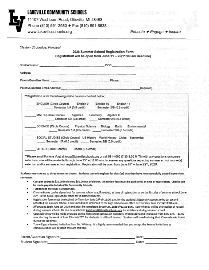 Next week is the last week for High School students to sign up for summer school! Monday 7:30-4:30 Tuesday 7:30-4:30 Wednesday 7:15-4:15 Thursday 7:30-11:00 Summer School begins 6/29 and ends 7/24