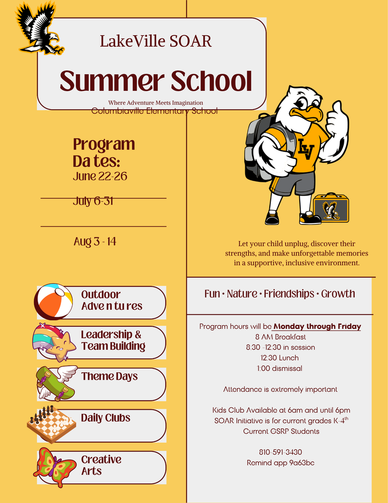 Columbiaville Elementary SUMMER School information! Summer schools starts tomorrow June 22nd at 8 am and is in session Monday through Friday. Please see flyer for additional important information. Summer is closed June 29th through July 3rd. Contact the office or Kids Club for any questions.