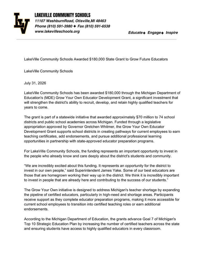 Letter from Superintendent