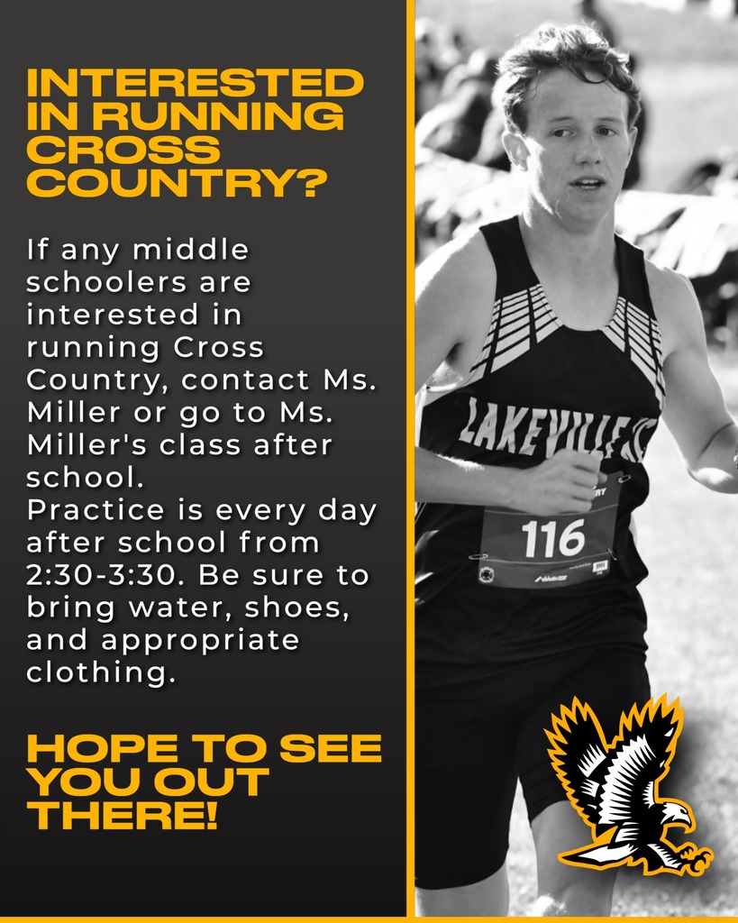 If any middle schoolers are interested in running Cross Country, contact Ms. Miller or go to Ms. Miller's class after school. Practice is every day after school from 2:30-3:30. Be sure to bring water, shoes, and appropriate clothing.