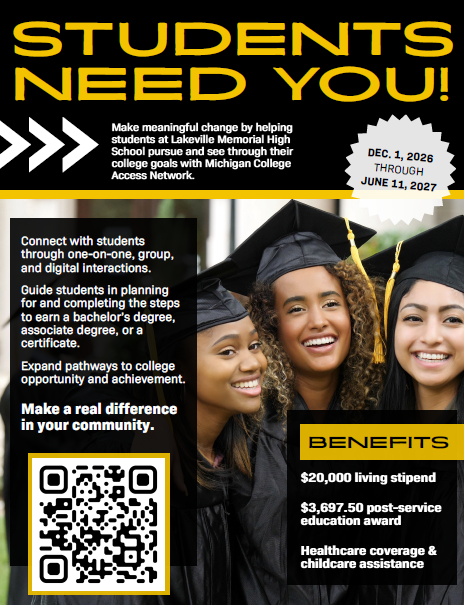 LakeVille Students Need YOU!  Make meaningful change by helping students at LakeVille High School pursue and see through their college goals with Michigan College Access Network!