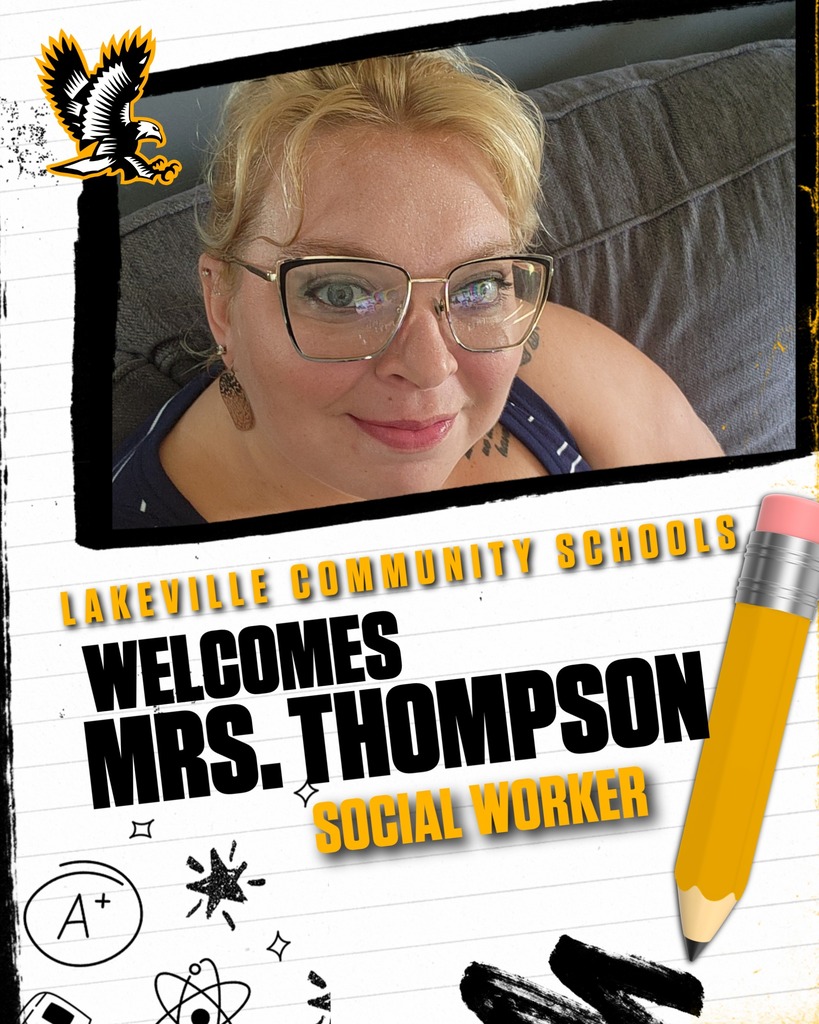 Falcon Nation!  Please WELCOME Mrs. Julia Thompson to the LakeVille Family!  Mrs. Thompson is our new School Social Worker!  She is coming to us from Westwood Heights Schools.  Mrs. Thompson loves working with kids and teaching them coping skills.  She has two boys, Connor 13 and Ashton 10. She is married to her wonderful husband of almost 12 years. They have a golden retriever named Gabbi Girl and an orange cat named Charlie. Mrs. Thompson's family is most important to her and some are chosen family.    Fun Fact about Mrs. Thompson - she has gone skydiving!  When asked past or present, name someone you would have dinner with if it were possible, Mrs. Thompson would love to have dinner with her Granny. She passed away a few years ago, but she was Mrs. Thompson's favorite person and someone she has learned so much from.   Mrs. Thompson would like the LakeVille Community to know she is a creative fun person and loves to make a difference in others' lives.  Welcome Mrs. Julia Thompson!