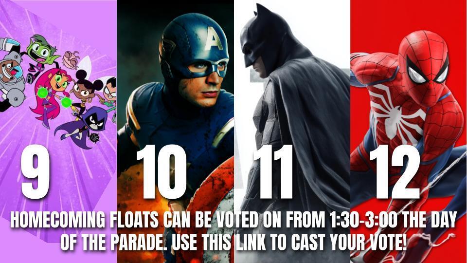 LINK TO CAST YOUR VOTE FOR HOMECOMING FLOAT https://forms.gle/EK1GZzGTja97GAQm8