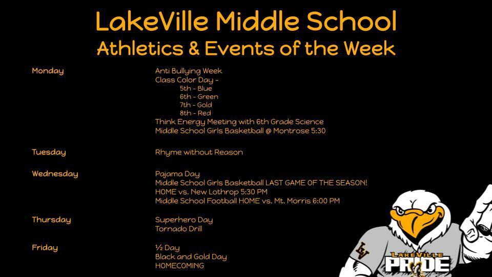 Middle School Athletics and Events of the Week