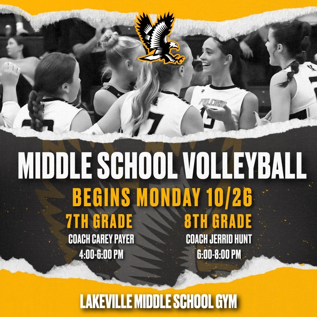 Middle School Volleyball begins Monday 10/26! 7th grade 4-6 PM and 8th grade 6-8 PM