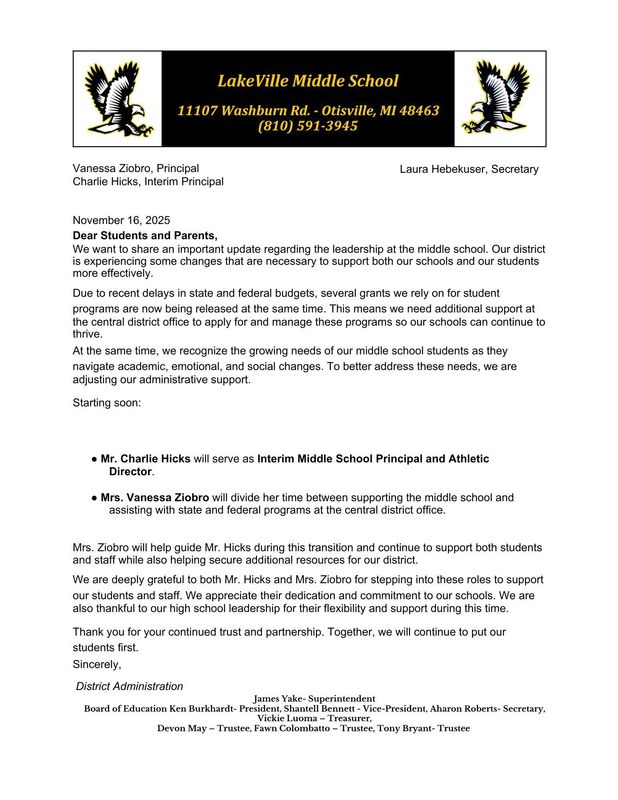 LakeVille Middle School Leadership Change