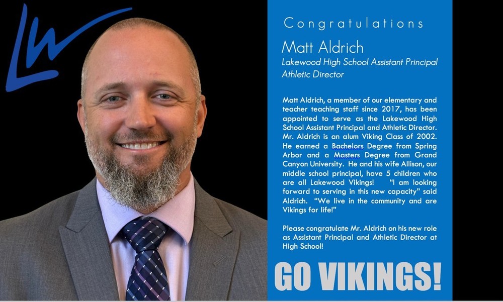 headshot of new athletic director, Matthew Aldrich with introductory write up 