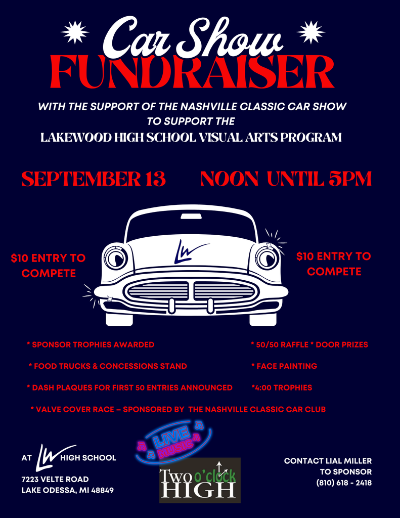 Car Show Fundraiser Flyer for September 13, 2025 from Noon until 5PM